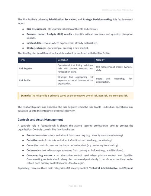 Study notes sample page - risk profile and risk register
